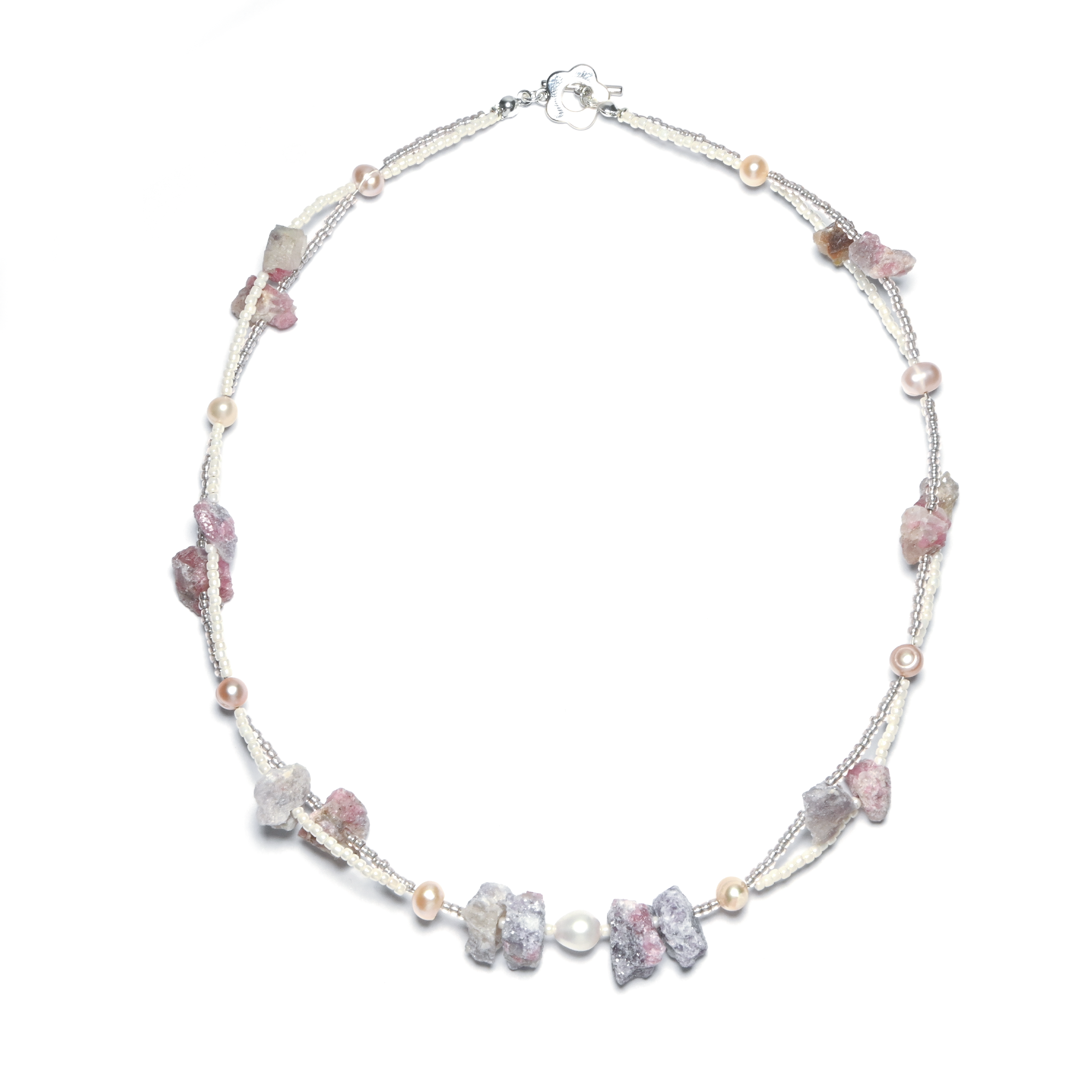 Avalanche Rose Beaded Crystal with Freshwater Pearls Healing Crystal and Rough Stone Handmade Double-Necklace, textured Jewelry Gift for your Girl.