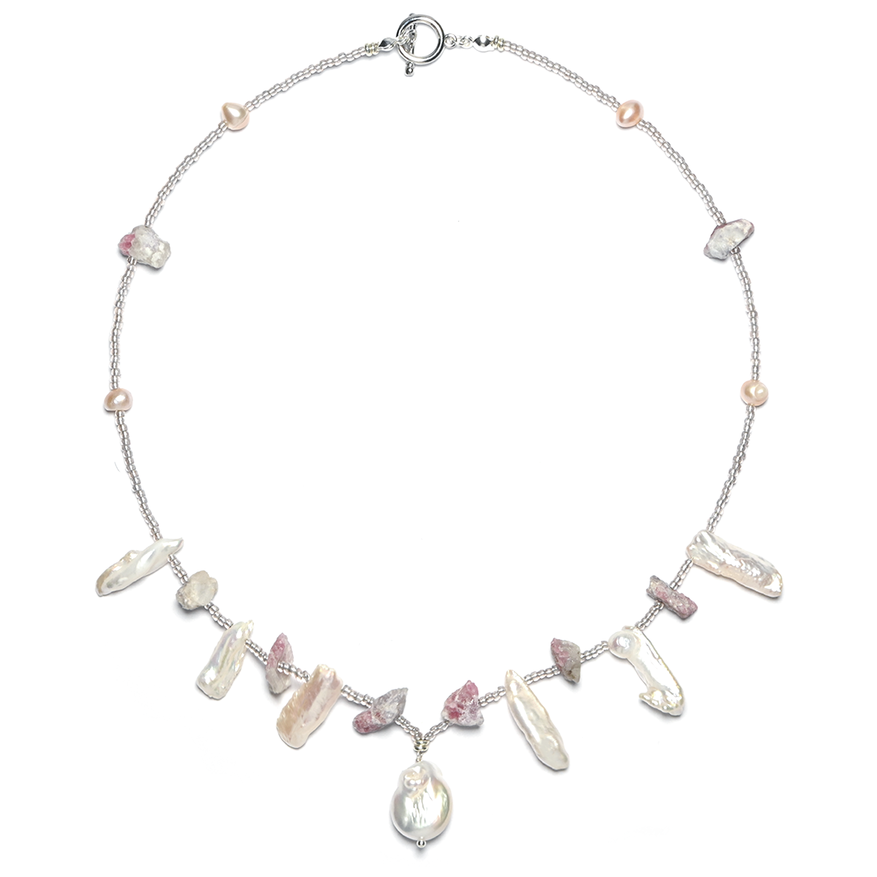 Aphrodite Handmade Toothpick Pearl Pink Tourmaline Rough Stone Healing Crystal Beaded Necklace, Jewelry for Disney princess