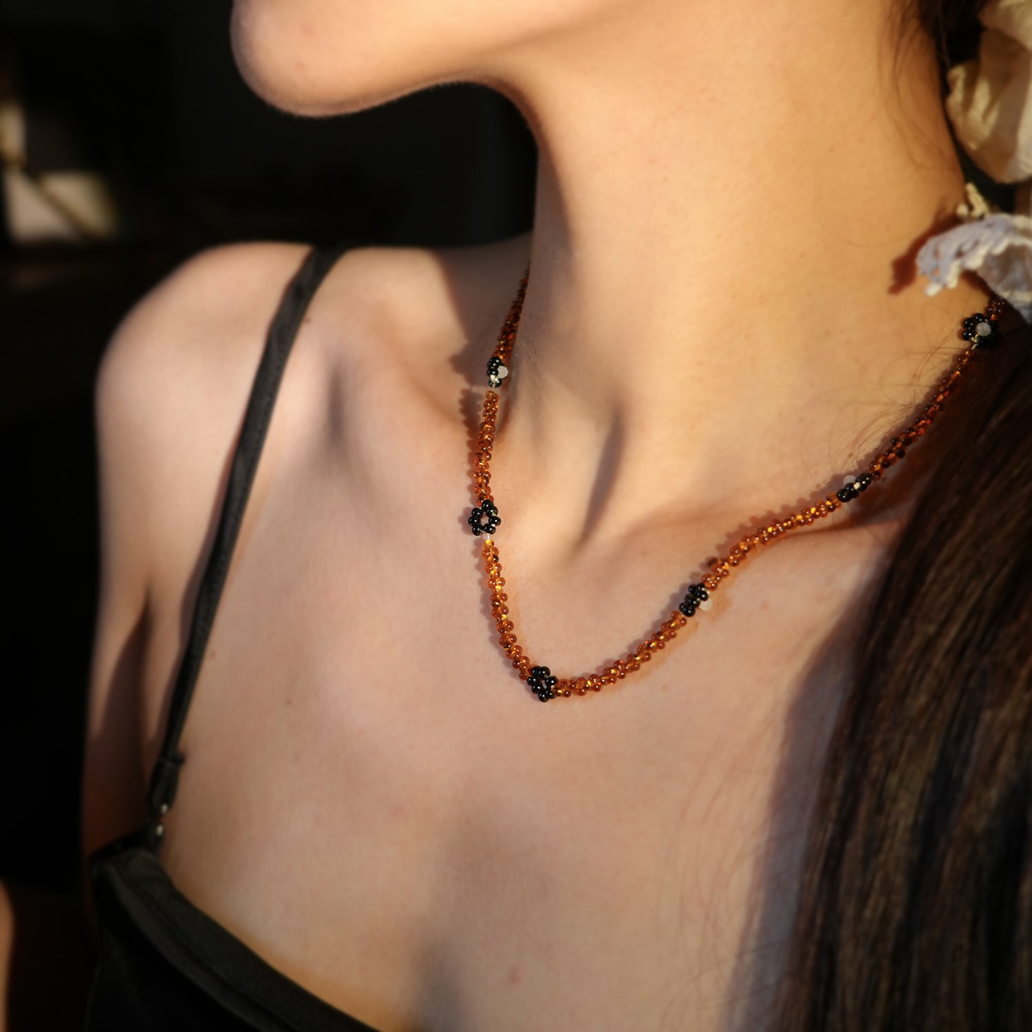Amber Flower Handmade Beaded Small Flower Necklace, Jewelry for Elegant Women