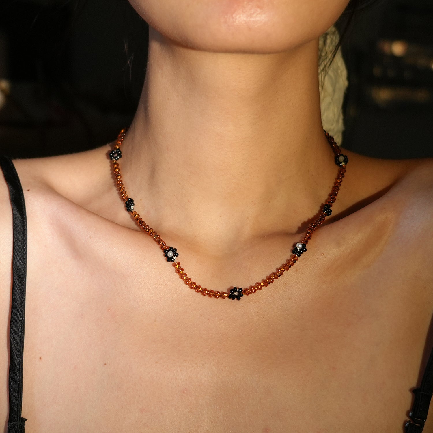 Amber Flower Handmade Beaded Small Flower Necklace, Jewelry for Elegant Women