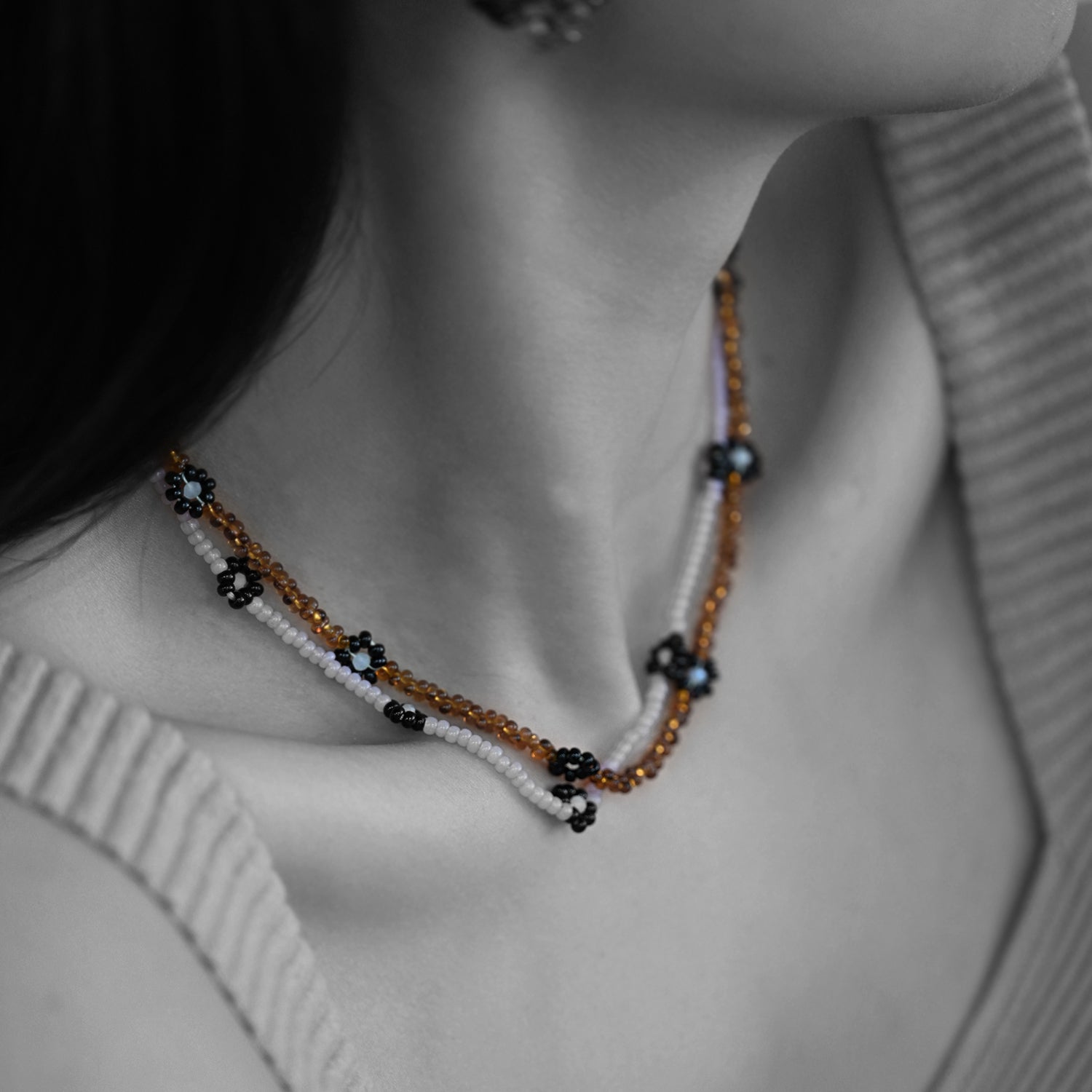 Amber Flower Handmade Beaded Small Flower Necklace, Jewelry for Elegant Women