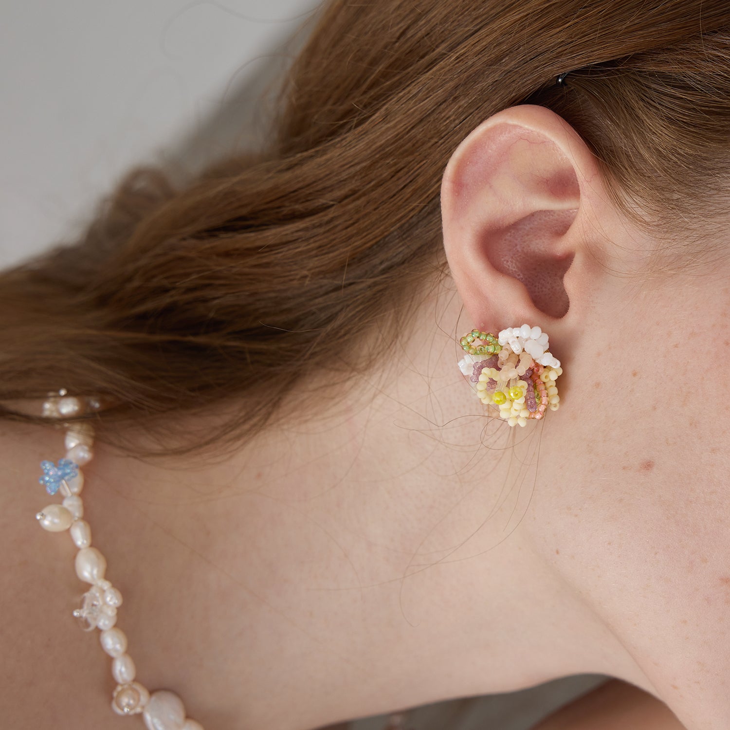 Original Beaded Floral Shape Asymmetrical 925 Silver Handmade Earring, Make The Flowers Bloom