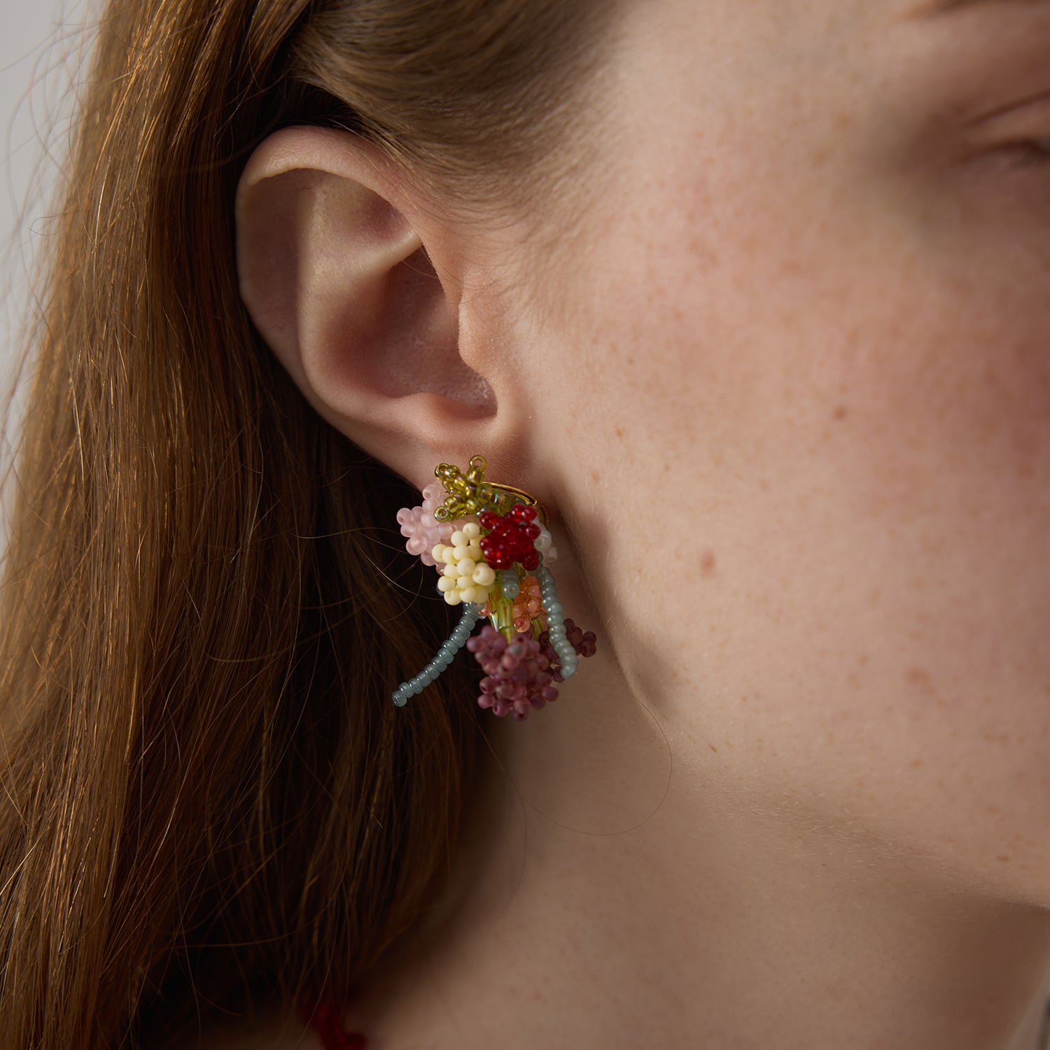 Original Beaded Floral Shape Asymmetrical 925 Silver Handmade Earring, Make The Flowers Bloom