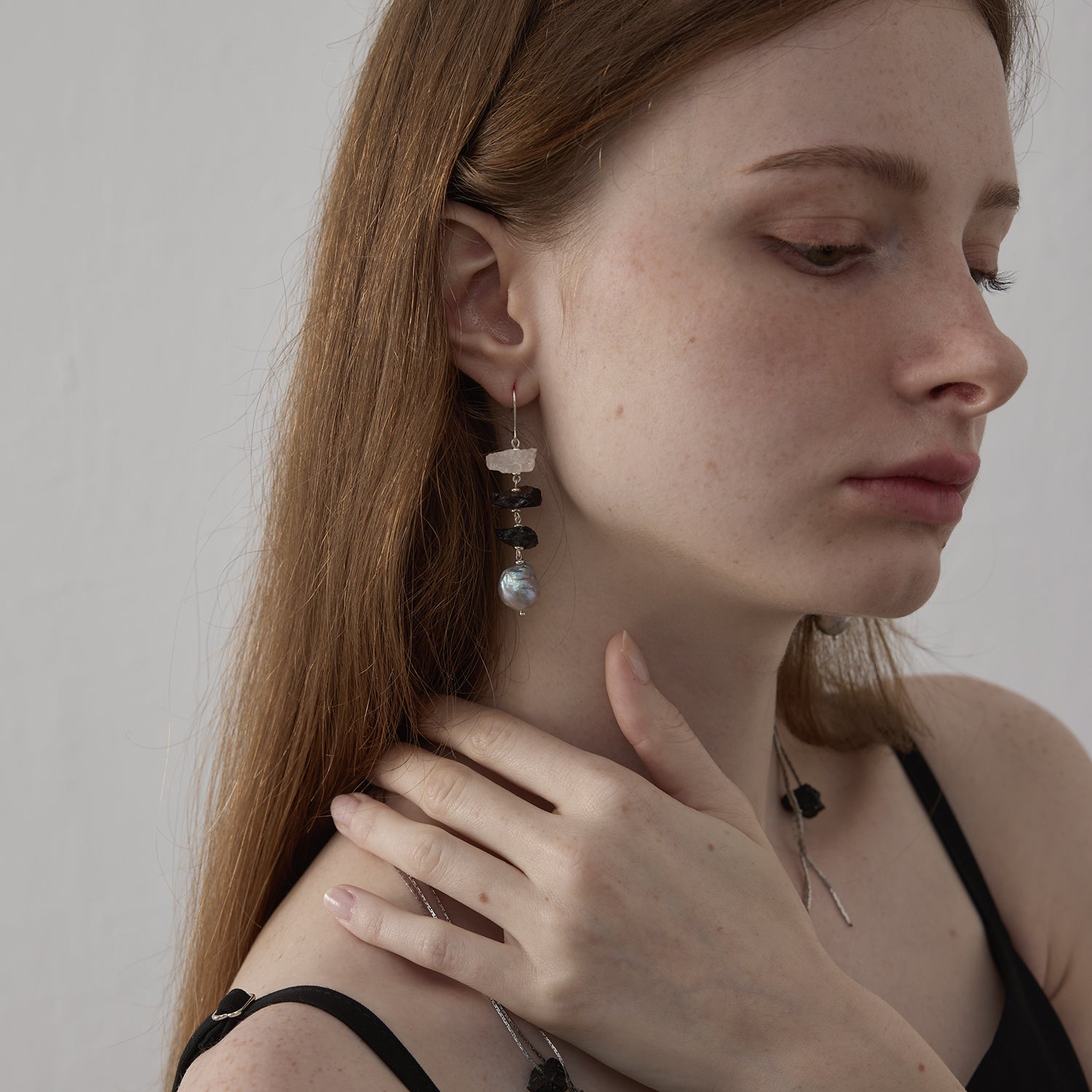 925 Silver Earrings Obsidian and Citrine Paired with Baroque Gray Pearls, Rough Stones and Healing Crystal, Unisex Handmade Jewelry for Special Them