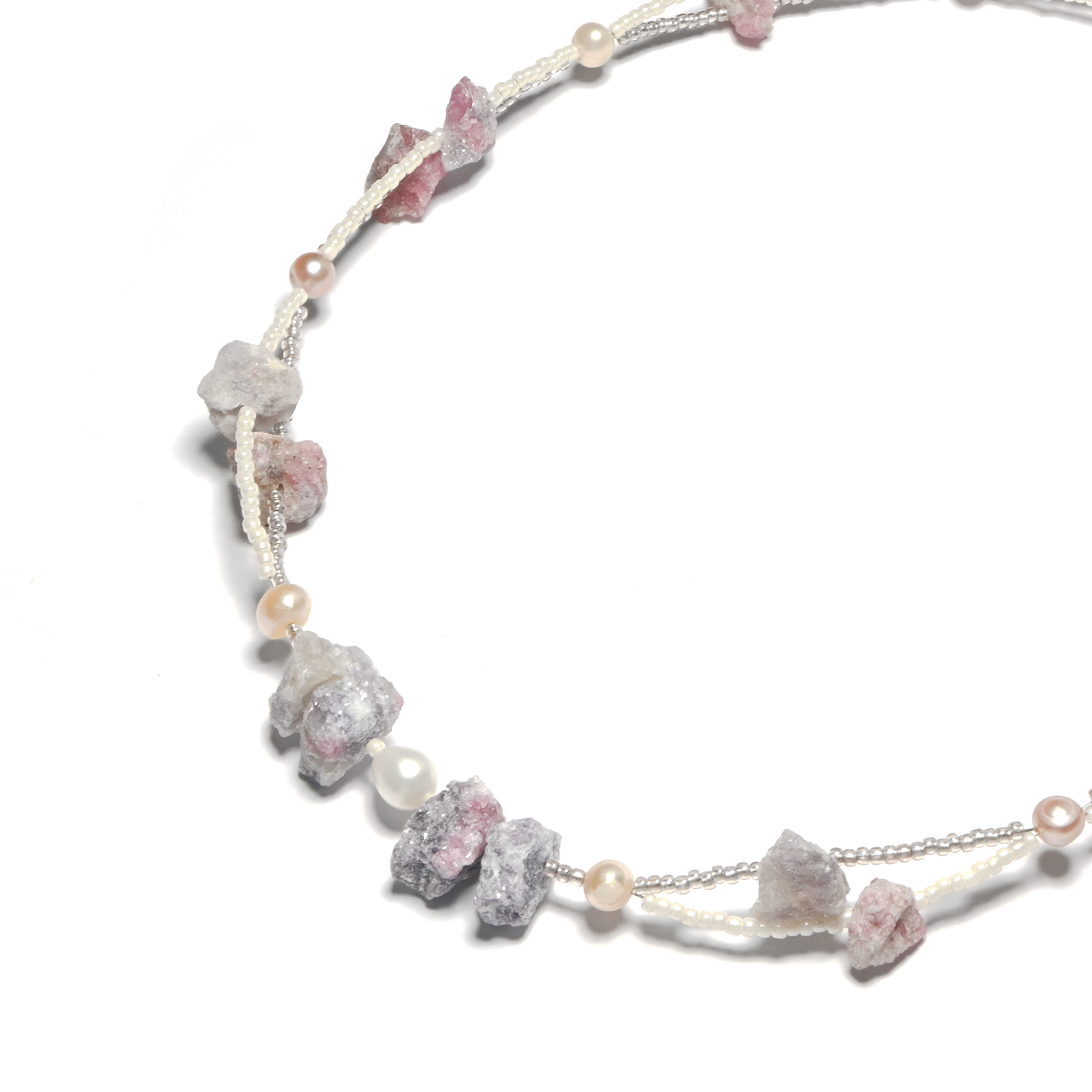 Avalanche Rose Beaded Crystal with Freshwater Pearls Healing Crystal and Rough Stone Handmade Double-Necklace, textured Jewelry Gift for your Girl.