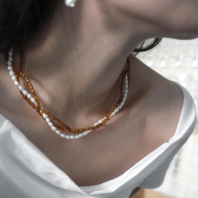 Pink-Mixed Materials (Whole Pearls Collide with Classic Brown Beads) Double Necklace, Textured Gift for Elegant lady.