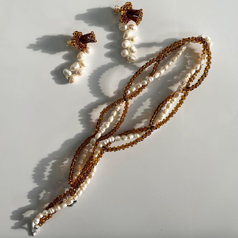 Pink-Mixed Materials (Whole Pearls Collide with Classic Brown Beads) Double Necklace, Textured Gift for Elegant lady.