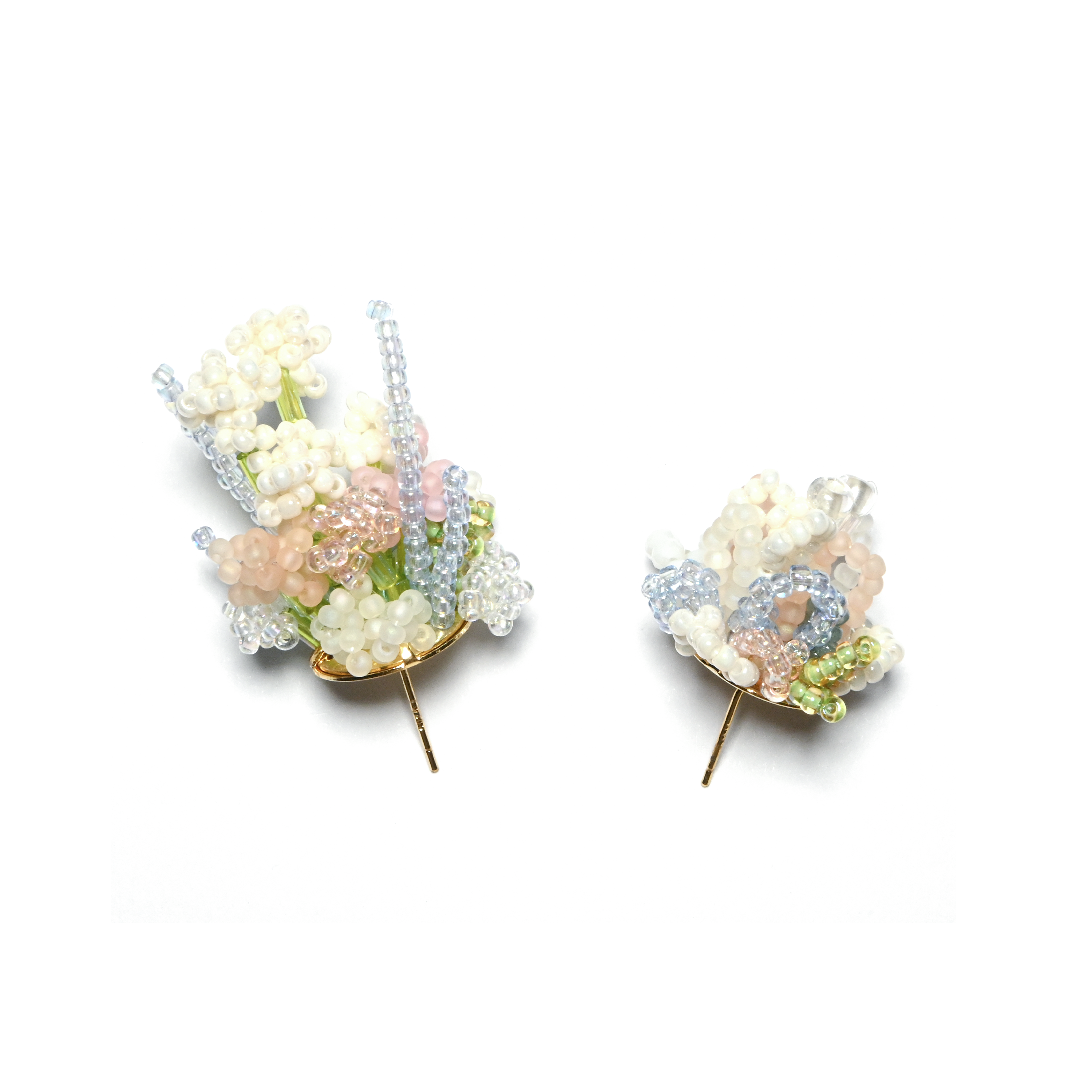 Original Beaded Floral Shape Asymmetrical 925 Silver Handmade Earring, Make The Flowers Bloom