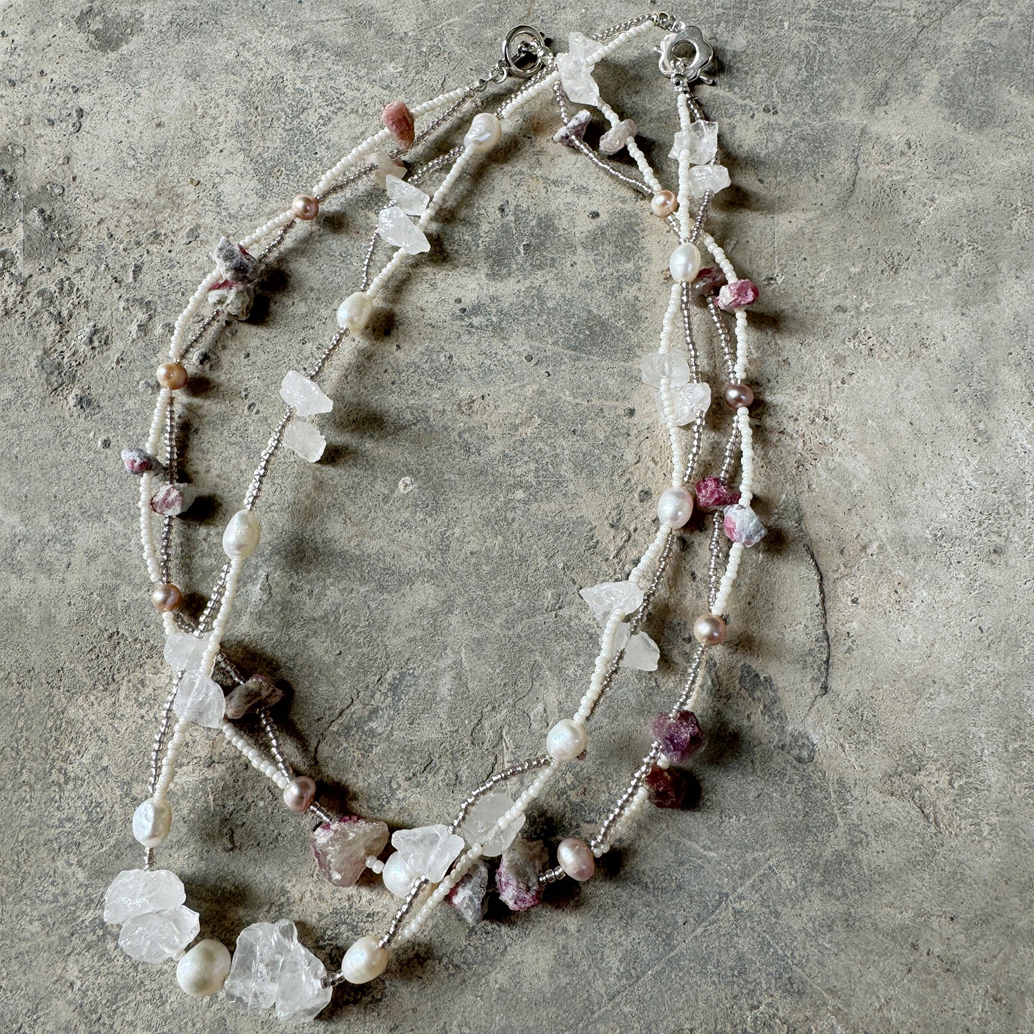 Avalanche Rose Beaded Crystal with Freshwater Pearls Healing Crystal and Rough Stone Handmade Double-Necklace, textured Jewelry Gift for your Girl.