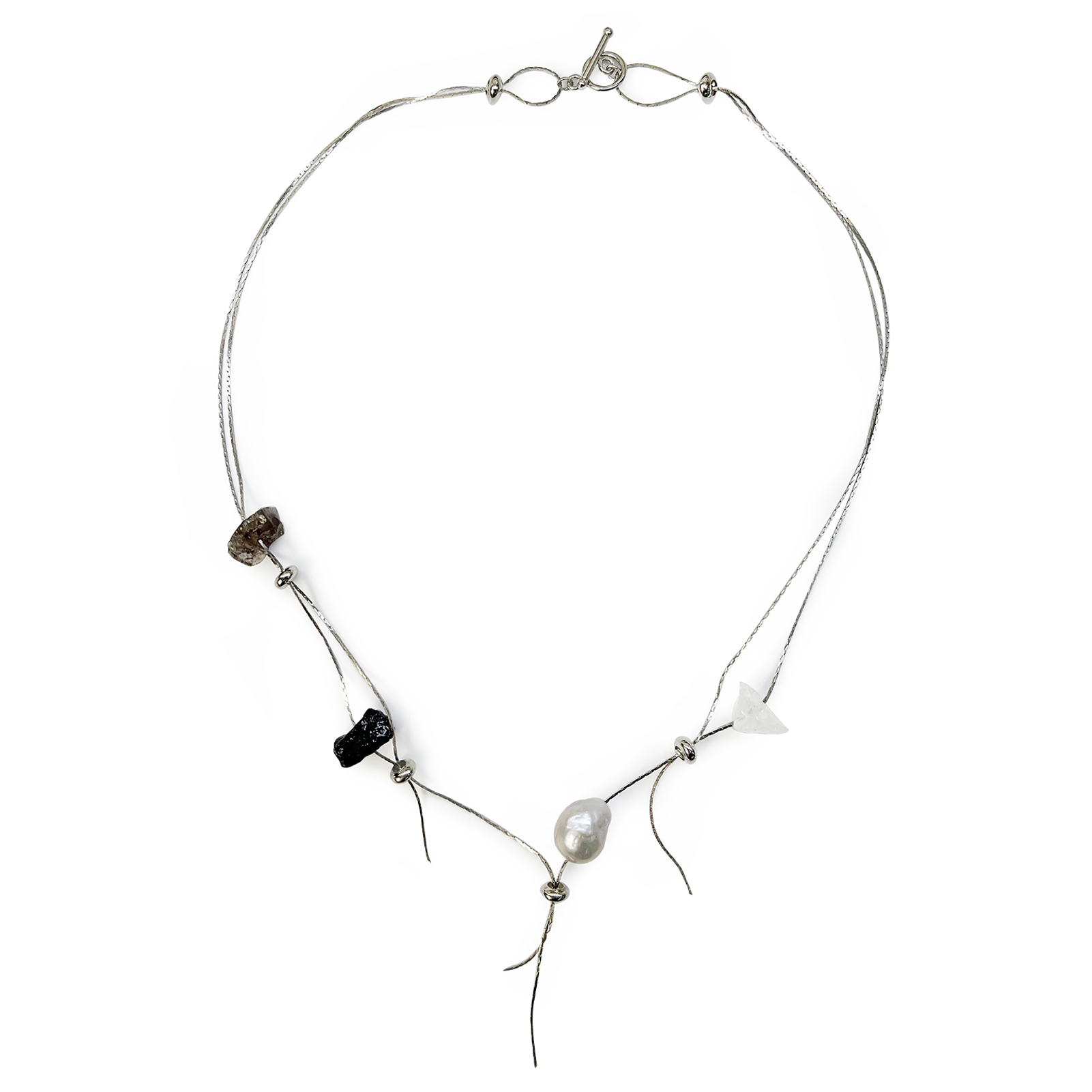 Black Snake-Bone Healing Crystal Rough Stones Baroque Grey Pearl Necklace, Sliver Plated Neutral Style Gift for Friend